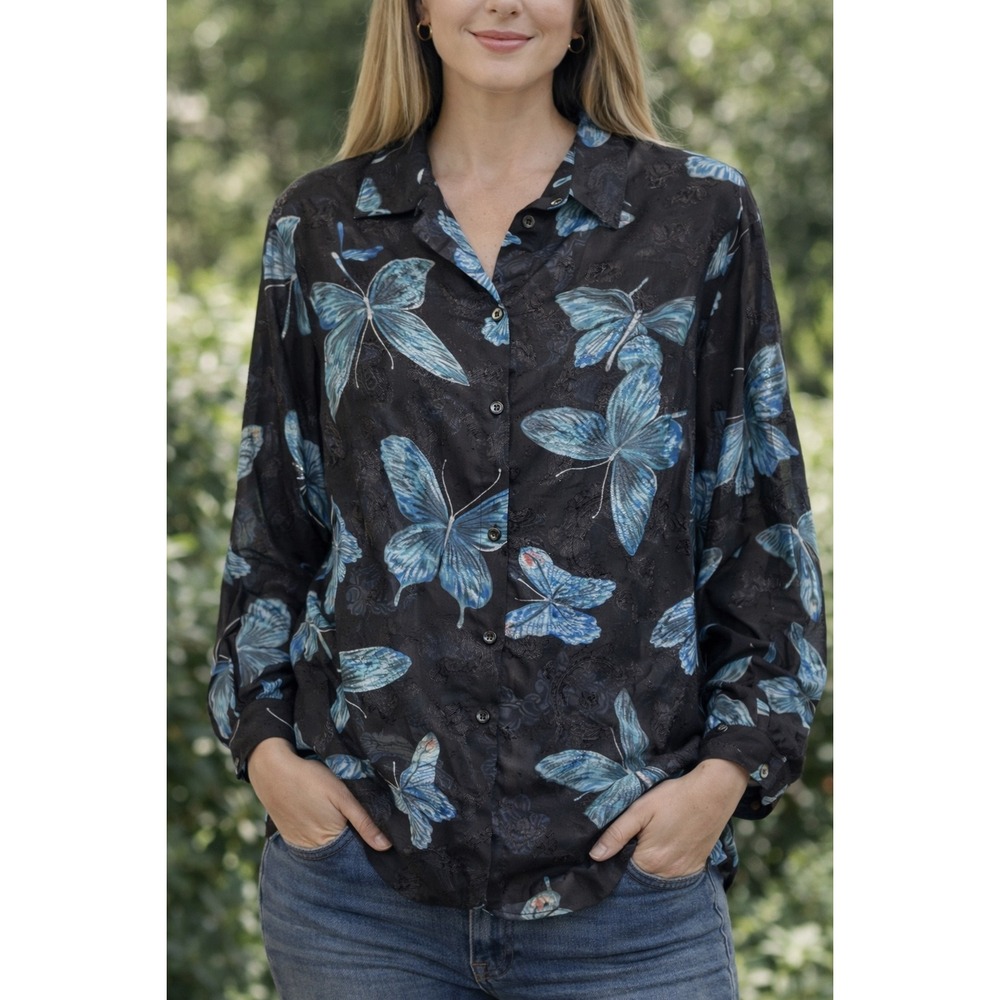 Fairy, Boho Blue Butterfly Print Sheer Black Button Down Blouse 0XL Plus Size